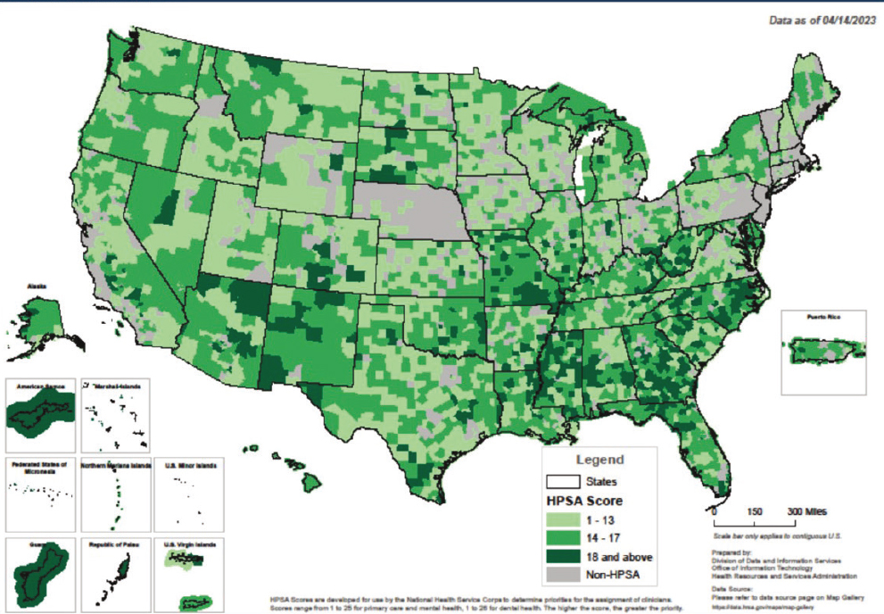 Health Resources and Services Administration (HRSA) Primary Care Health Professional Shortage Area Map