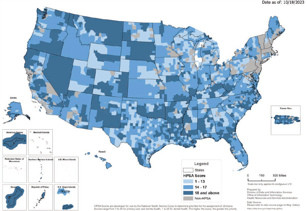 Health Resources and Services Administration (HRSA) Mental Health Professional Shortage Area Map