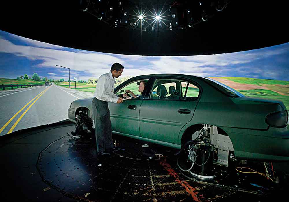 The National Advanced
Driving Simulator at the
University of Iowa gauges
driver responses to both
automobile design features
and unexpected road
hazards.