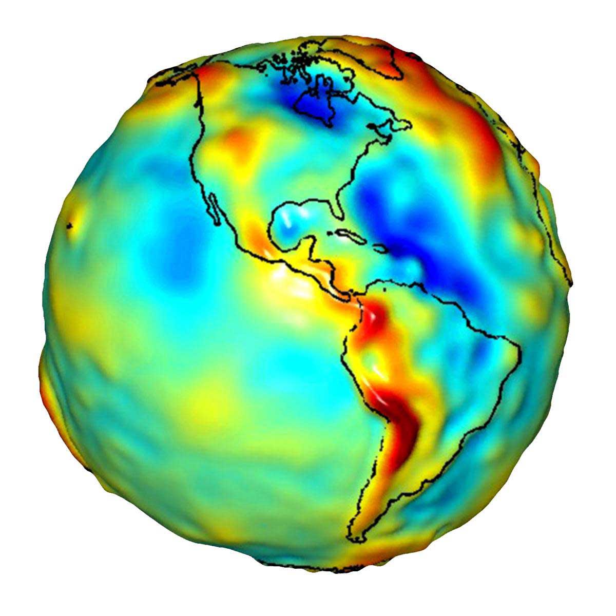 Gravity anomaly map
created with data from
GRACE, showing variations
in the gravity field across the
Americas. Yellow, orange, and
red represent places where
gravity is higher than it would
be if the Earth was perfectly
smooth and featureless (e.g., a
mountain range). Progressively
blue areas show where the
gravity field is less than what
is predicted for a featureless
planet (e.g., an ocean trench).