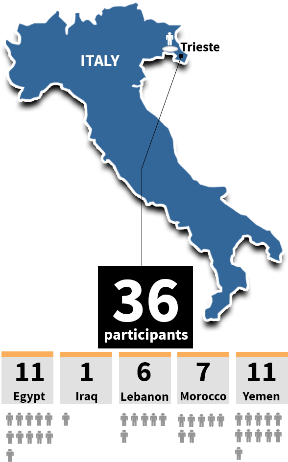 infographic image of Italy. 38 Participants total.  11 from Egypt,
2 from Iraq, 
7 from Lebanon, 
7 from Morocco, 
11 from Yemen
