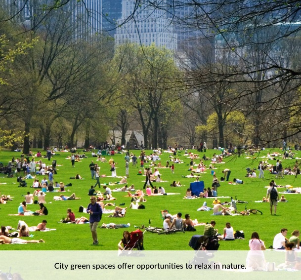 City green spaces offer opportunities to relax in nature.
