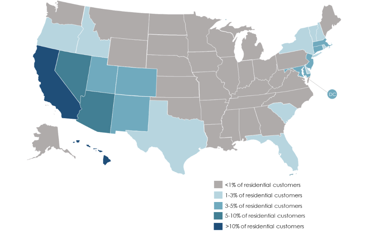 Statewide distribution of residential customers with distributed PV systems in 2021