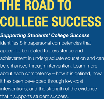 Supporting Students’ College Success identifies 8 intrapersonal competencies that appear to be related to persistence and achievement in undergraduate education and can be enhanced through intervention. Learn more about each competency—how it is defined, how it has been developed through low-cost interventions, and the strength of the evidence that it supports student success.